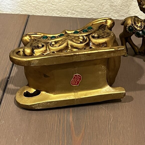 Lefton Gold Sleigh & Reindeer Red Green Jewels Christmas Ceramic w/Sticker Japan - Picture 8 of 16